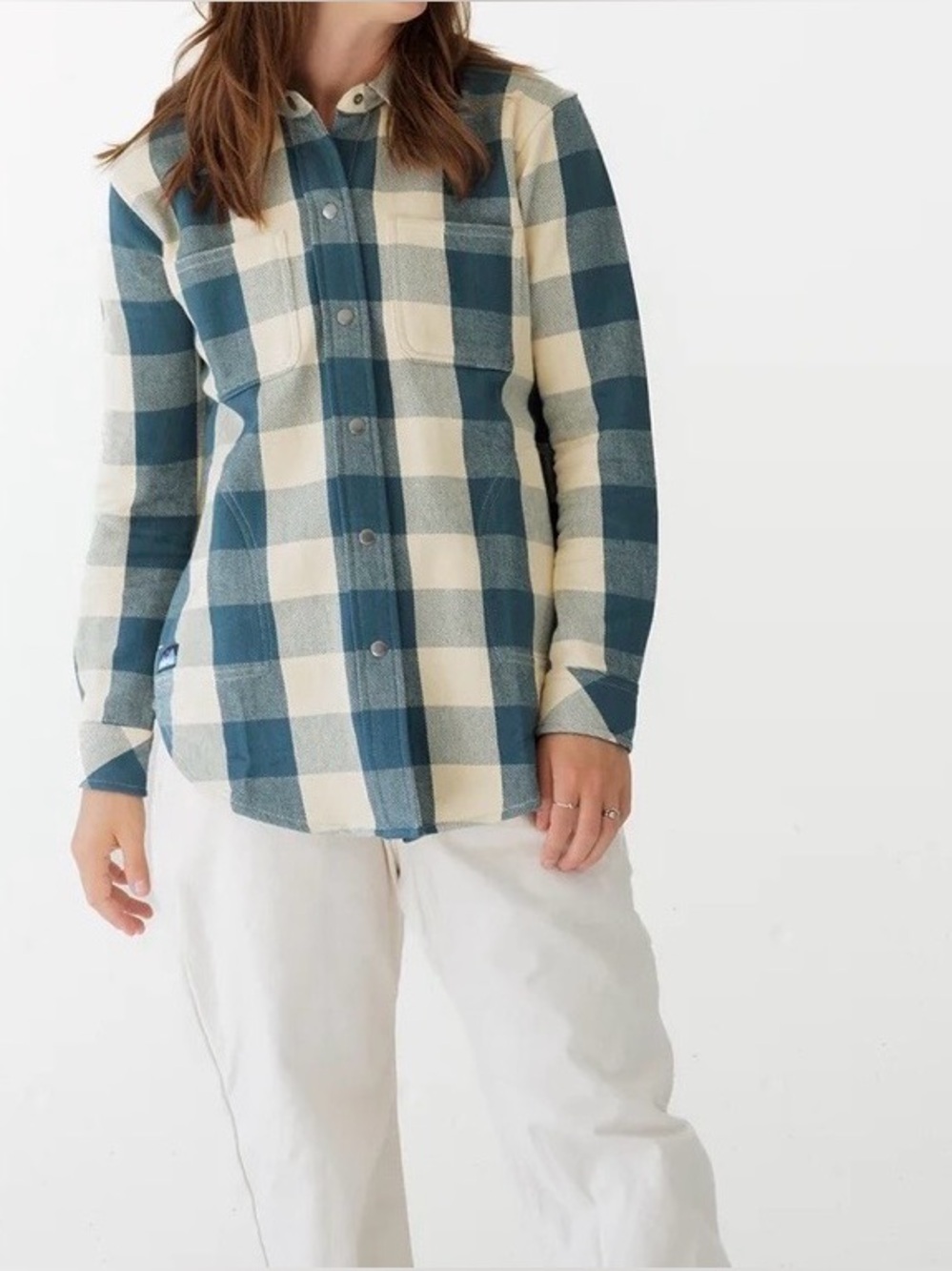 Kavu Blue and White Plaid Snap-Front Shirt, Size M